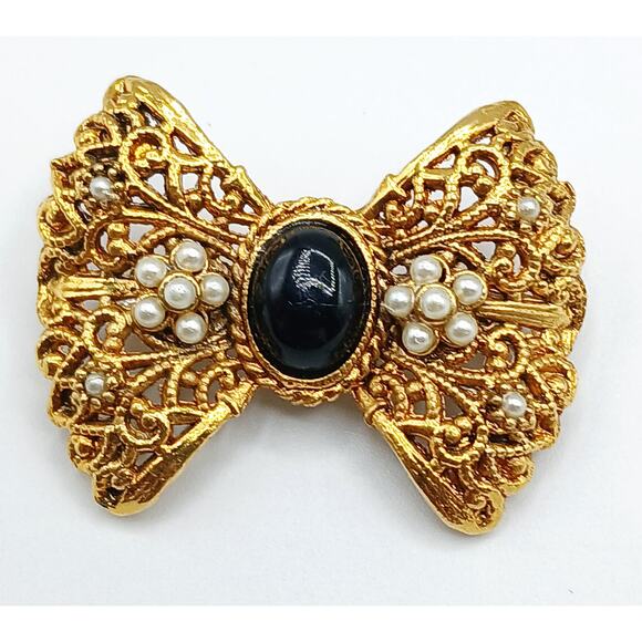 Florenza Vintage Pearl Jet Black Bow Brooch - Picture 1 of 3